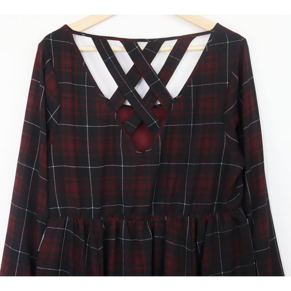 Torrid Mini Georgette Skater Dress Long Sleeve Fit & Flare Desert Plaid Red 1X - Picture 8 of 10